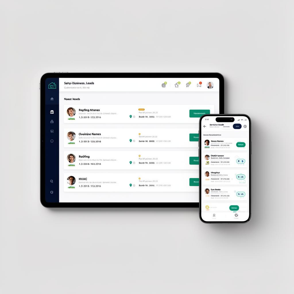 Lead Search Pros dashboard showing incoming service leads on tablet and phone