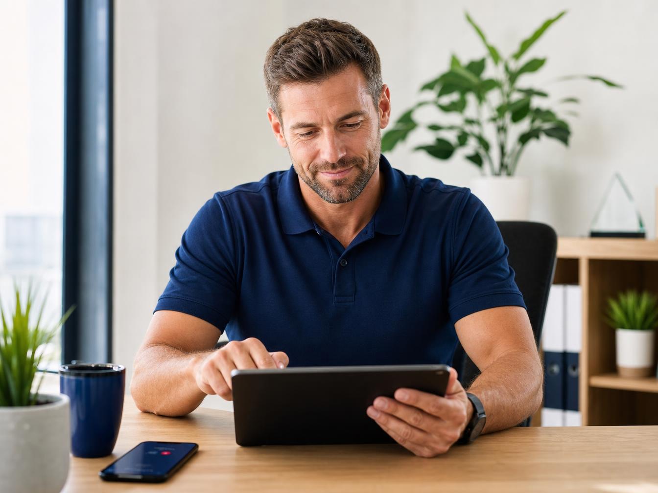 Local service business owner reviewing exclusive incoming leads on a tablet